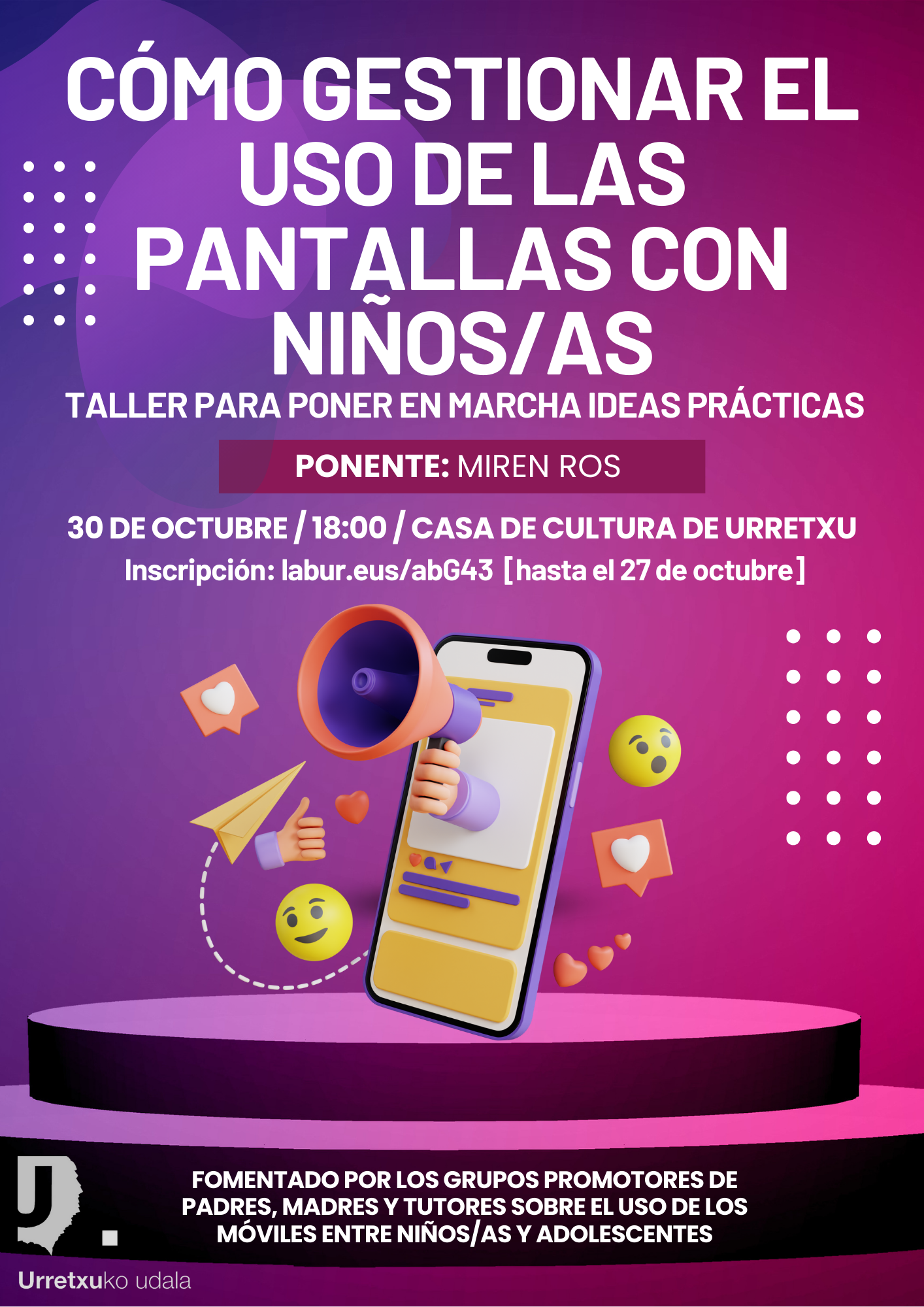 La experta Miren Ros dirigirá un taller sobre la gestión de las pantallas con los niños/as, el 30 de octubre, en la casa de cultura de Urretxu