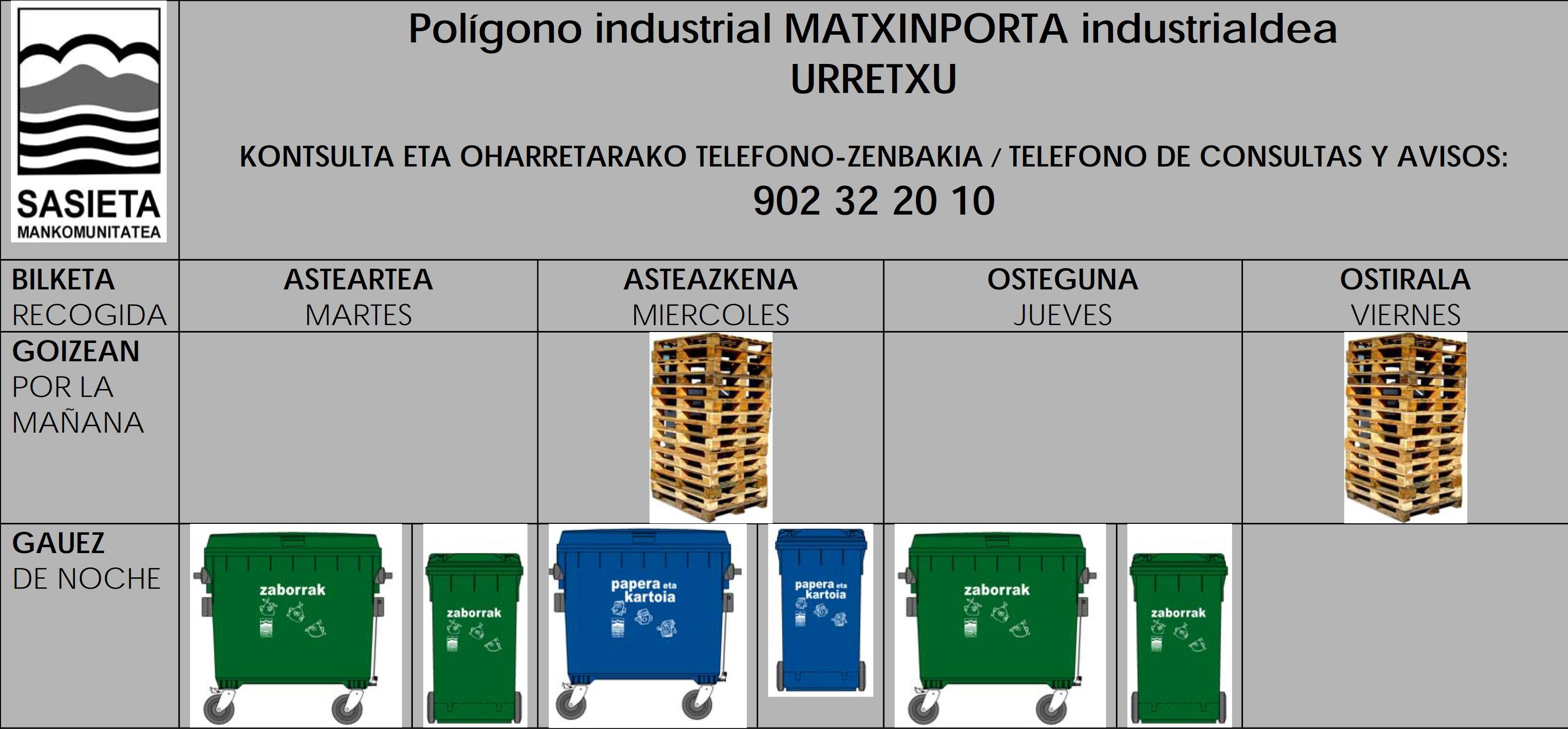 Horario del servicio de recogida selectiva de residuos en Polígono industrial Matxinporta de Urretxu